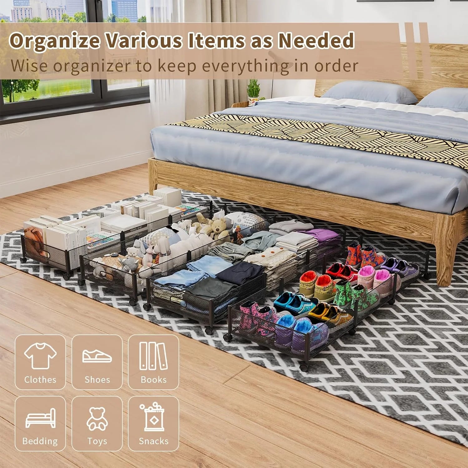 47.2'' Long Under Bed Storage on Wheels 57.6L Large Capacity Rolling Under the Bed Storage Containers Tool-Free Assembly Foldable Underbed Shoes Clothes Toy Drawers
