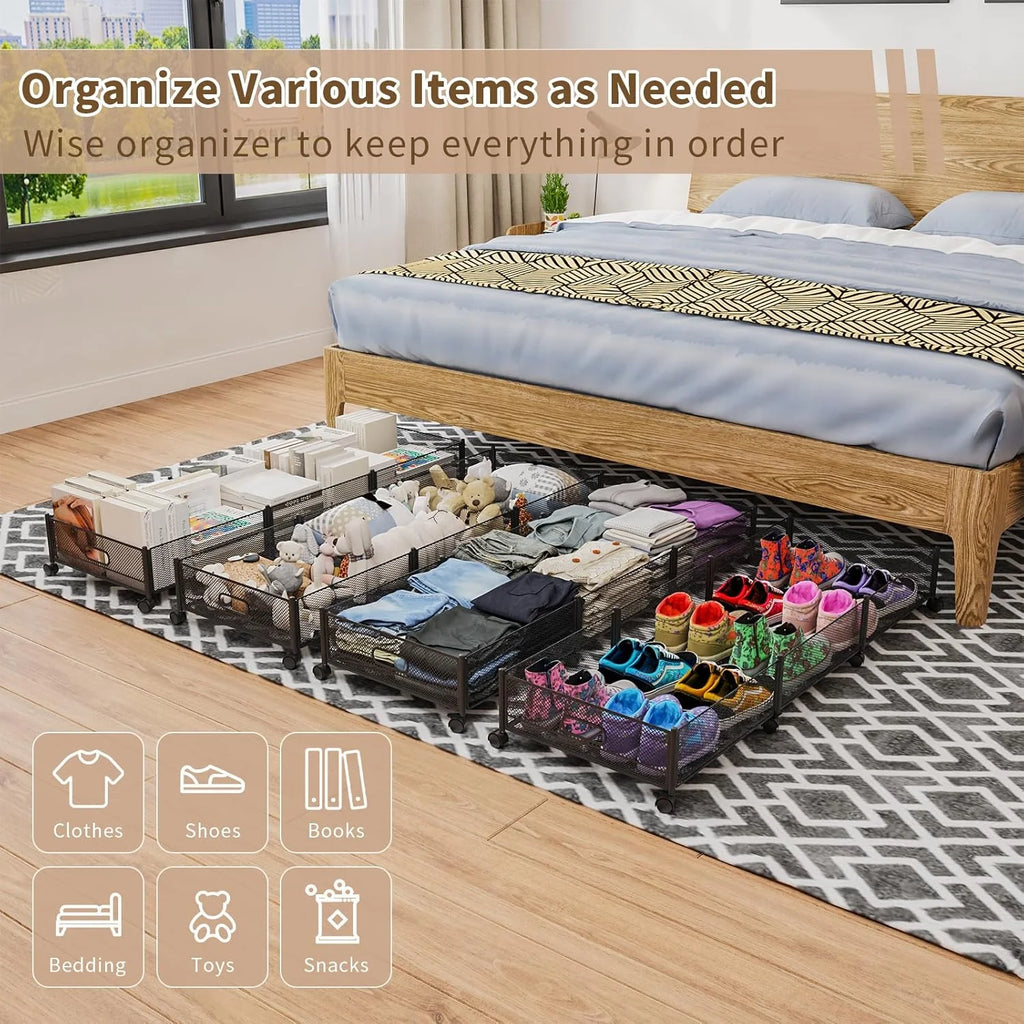 47.2'' Long Under Bed Storage on Wheels 57.6L Large Capacity Rolling Under the Bed Storage Containers Tool-Free Assembly Foldable Underbed Shoes Clothes Toy Drawers