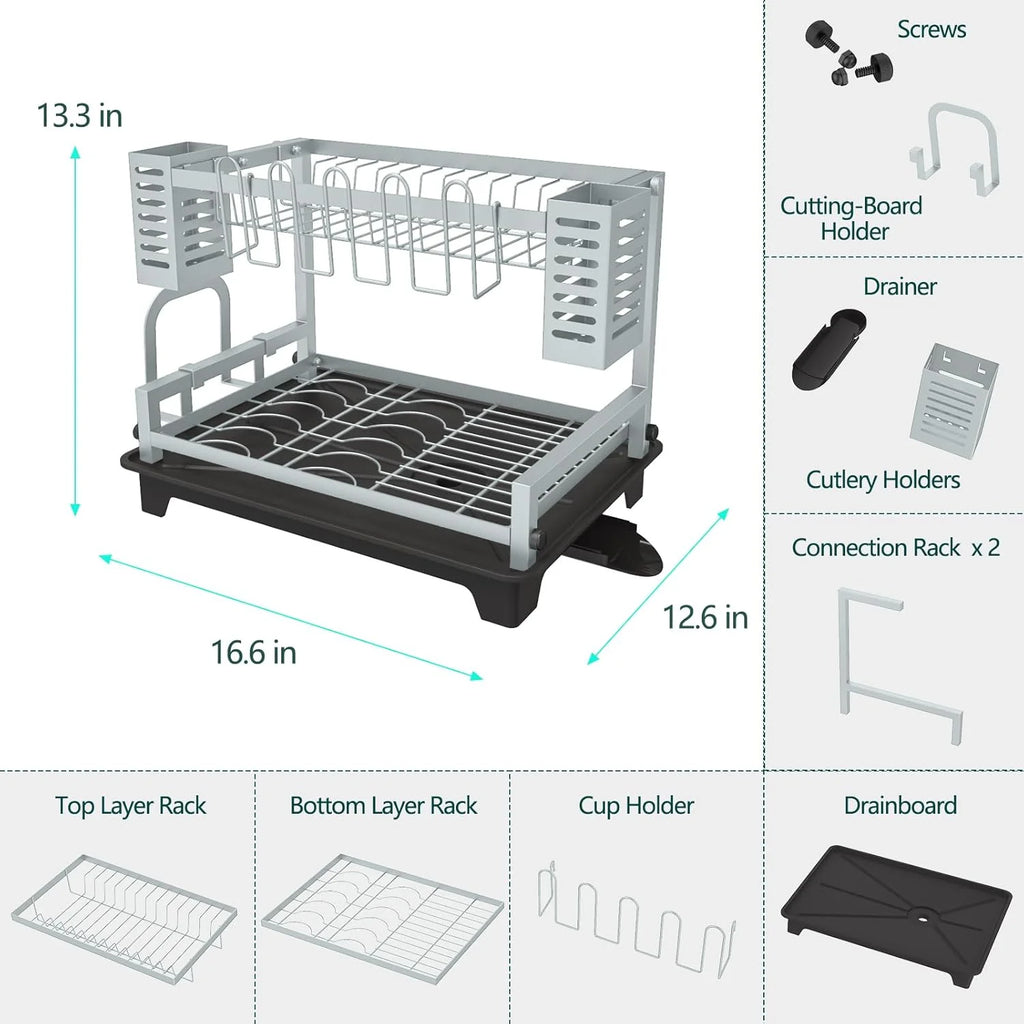Dish Drying Rack: 2 Tier Dish Racks for Kitchen Counter and Sink - Large Dish Drying Rack with Drainboard &amp; Utensil Holders - Stainless Steel Dish Drainers Kitchen Organization and Storage