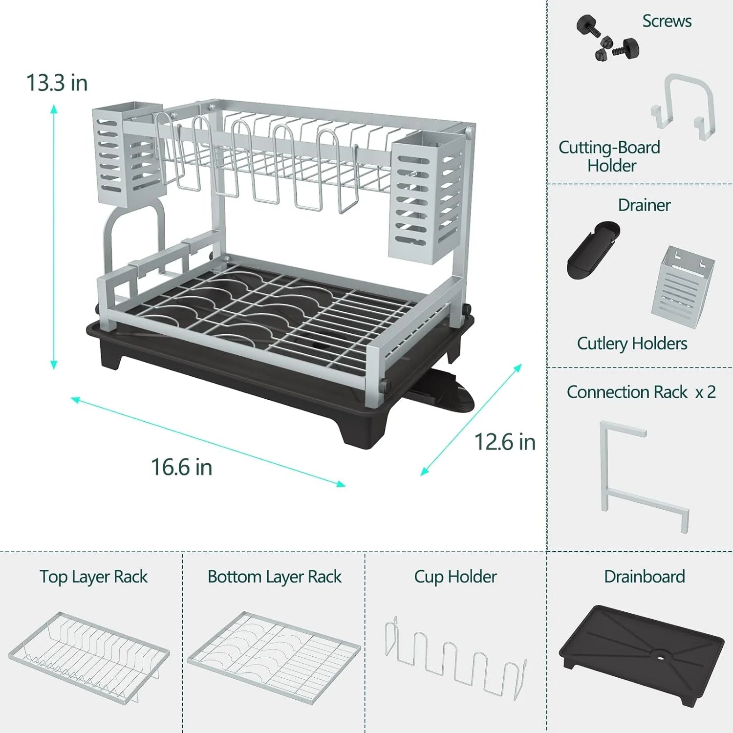 Dish Drying Rack: 2 Tier Dish Racks for Kitchen Counter and Sink - Large Dish Drying Rack with Drainboard &amp; Utensil Holders - Stainless Steel Dish Drainers Kitchen Organization and Storage