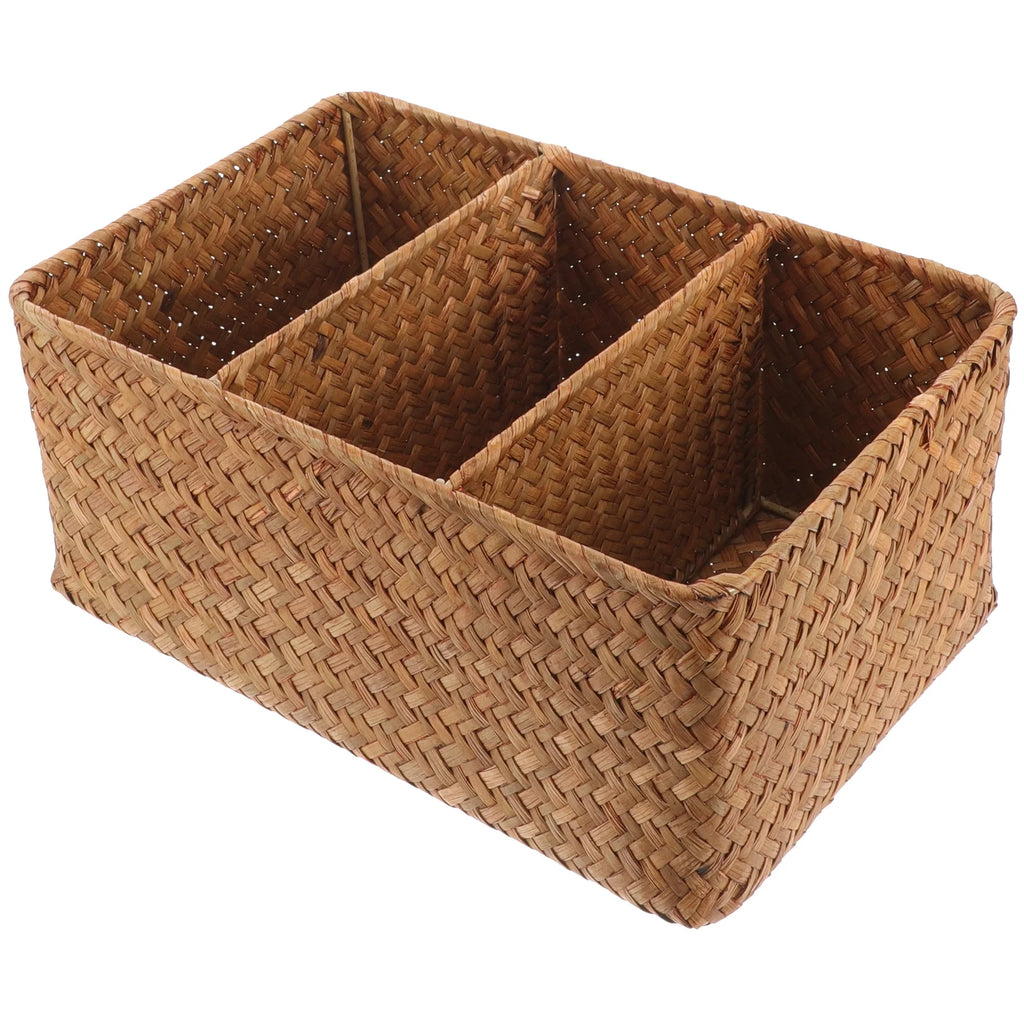 Straw Desktop Storage Box Pantry Basket Bins Hamper for Shelves with Lid Chocolate