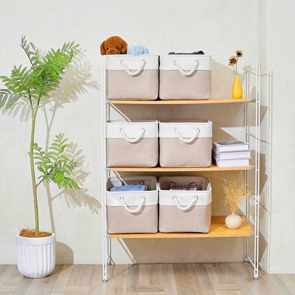 11 x 11 Inch Storage Cubes 6 Pack Large Collapsible Fabric Storage Bin White&amp;Beige