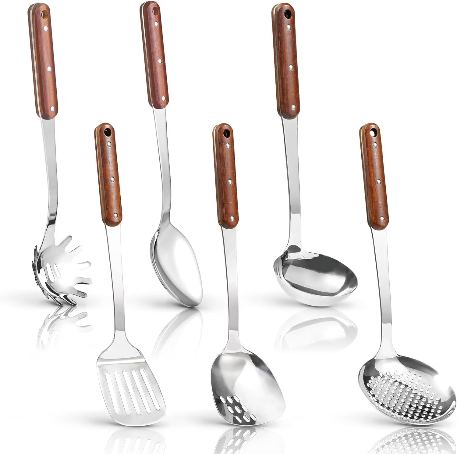 Stainless Steel Cooking Utensils Set Mirror Polished 6 Pieces Kitchen Utensils Set Kitchen Tools Set With Wooden Handle Non-Stick Heat Resistant,Dishwasher Safe Easy to Clean