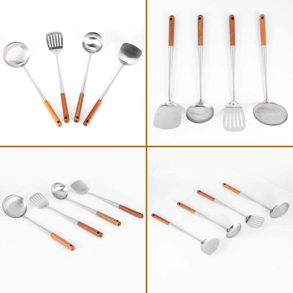 Long Handle Stainless Steel Wok Kitchen Slotted Turner Rice Spoon Ladle Cooking Tools Utensil Set