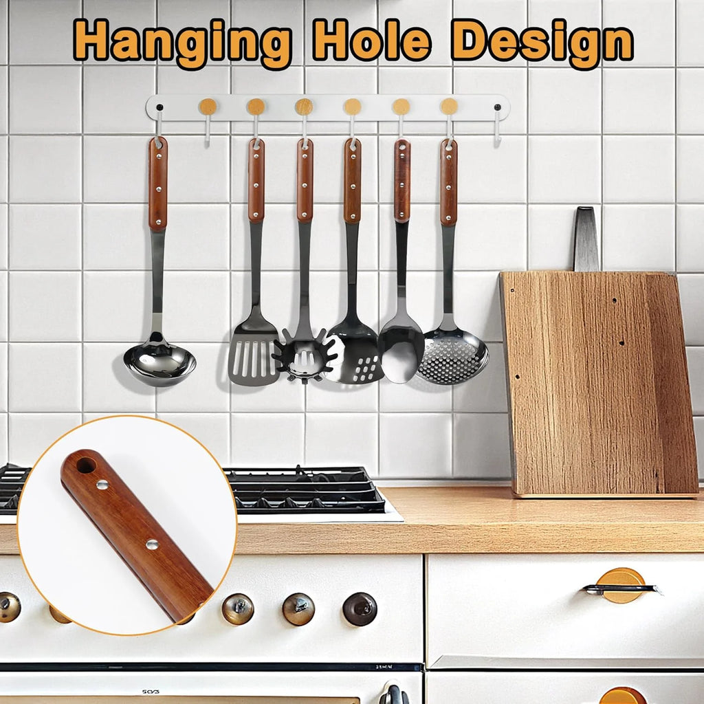 Stainless Steel Cooking Utensils Set Mirror Polished 6 Pieces Kitchen Utensils Set Kitchen Tools Set With Wooden Handle Non-Stick Heat Resistant,Dishwasher Safe Easy to Clean