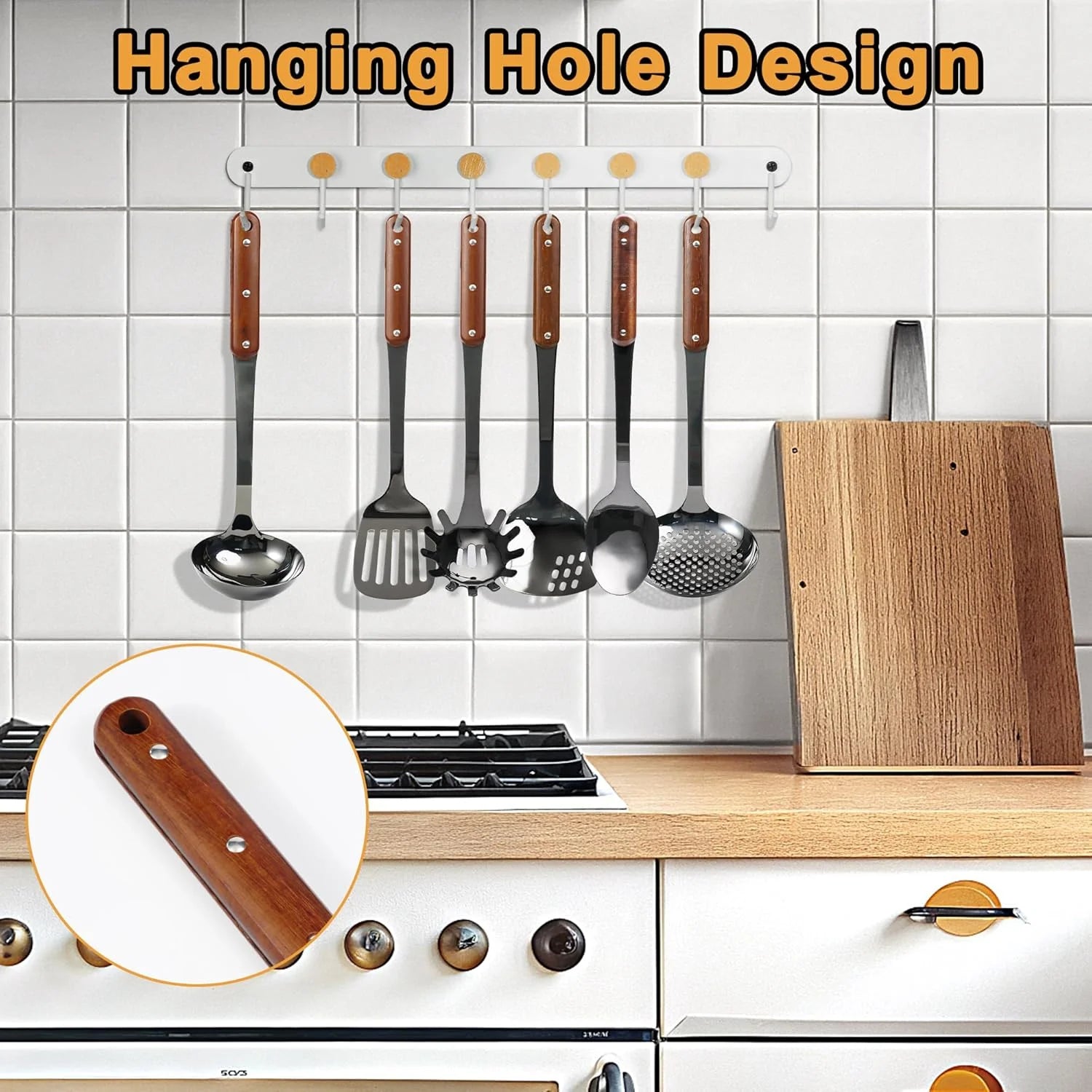 Stainless Steel Cooking Utensils Set Mirror Polished 6 Pieces Kitchen Utensils Set Kitchen Tools Set With Wooden Handle Non-Stick Heat Resistant,Dishwasher Safe Easy to Clean