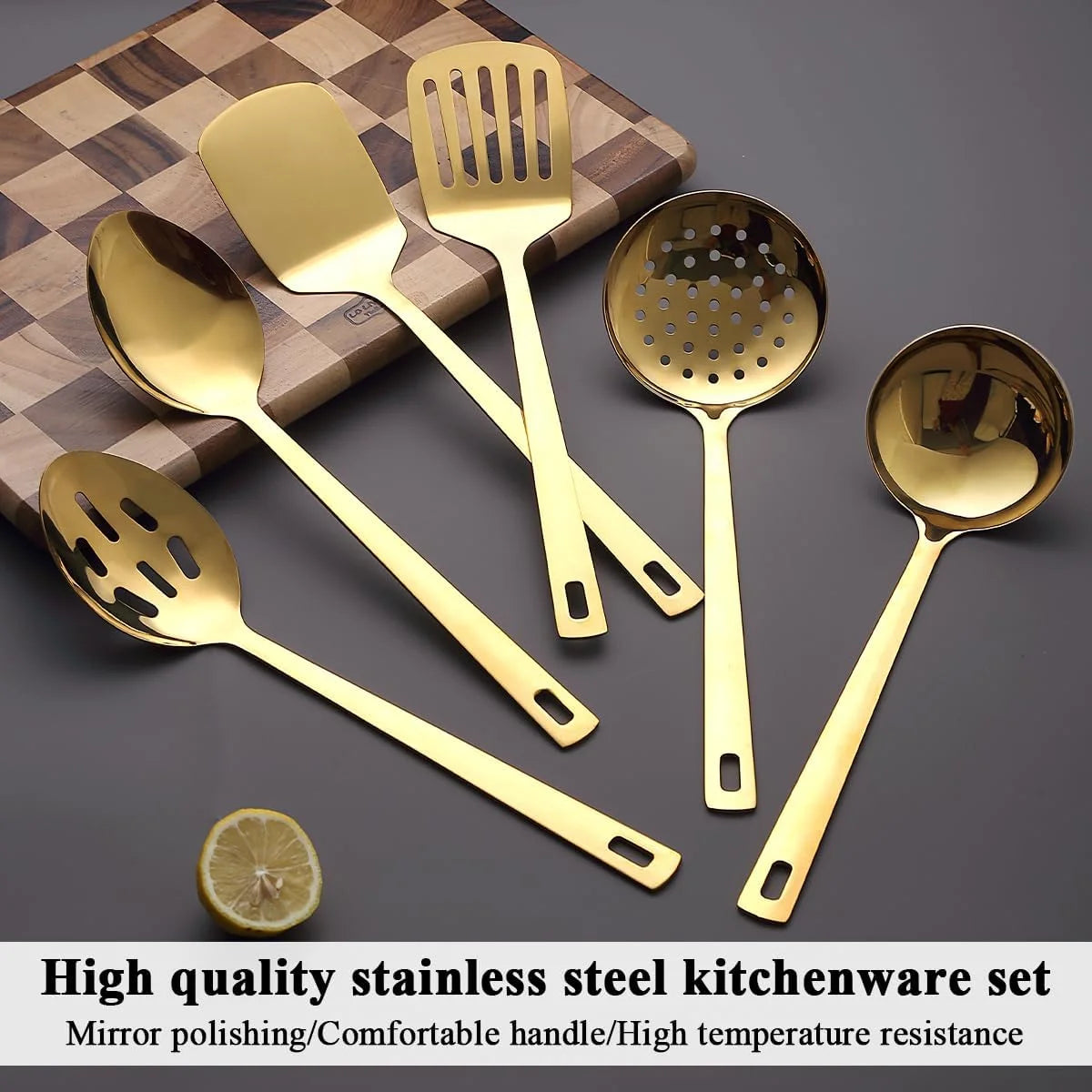 Gold Kitchen Utensils Set 6pcs Titanium Plating Stainless Steel Cooking Utensils Set Heavy Duty Kitchen Tools Spatulas Set Home Essentials Kitchen Gadgets Accessories