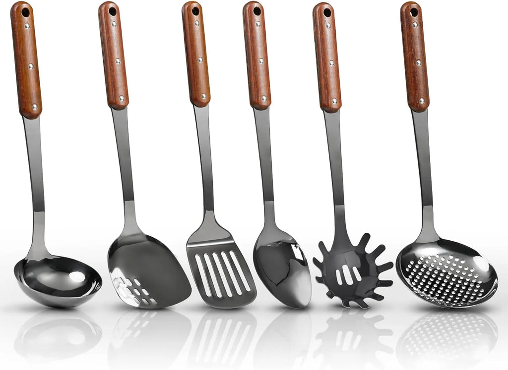 Stainless Steel Cooking Utensils Set Mirror Polished 6 Pieces Kitchen Utensils Set Kitchen Tools Set With Wooden Handle Non-Stick Heat Resistant,Dishwasher Safe Easy to Clean