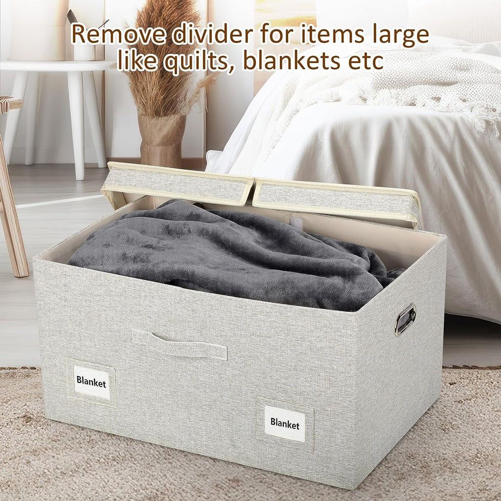 Large 17" 36 Quart Collapsible Stackable Storage Bins with Lids 3 Packs White Linen Fabric Closet Boxes with Lids Storage Cube Baskets Container Organizers for Bedroom Office(17 x12 x11)