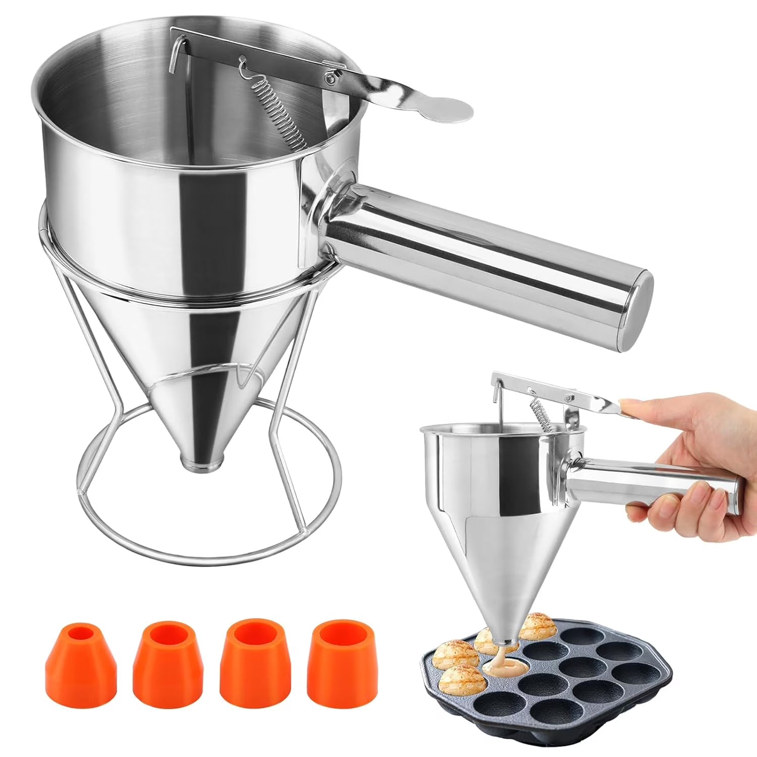 Stainless Steel Pancake Batter Dispenser with Squeeze Handle Kitchen Funnel Tools Pancake Dispenser for Pancakes Cupcakes Takoyaki and Baked Goods