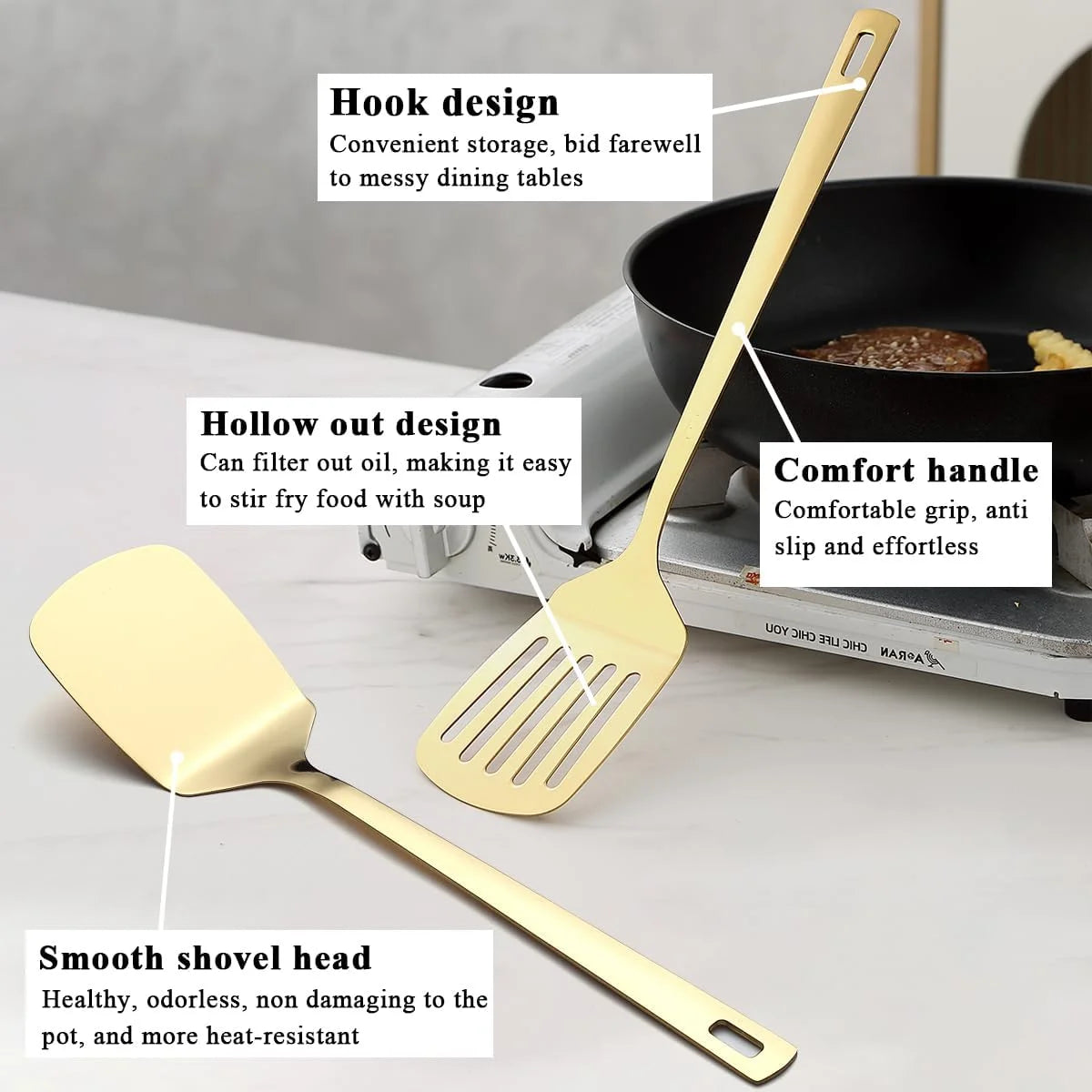 Gold Kitchen Utensils Set 6pcs Titanium Plating Stainless Steel Cooking Utensils Set Heavy Duty Kitchen Tools Spatulas Set Home Essentials Kitchen Gadgets Accessories