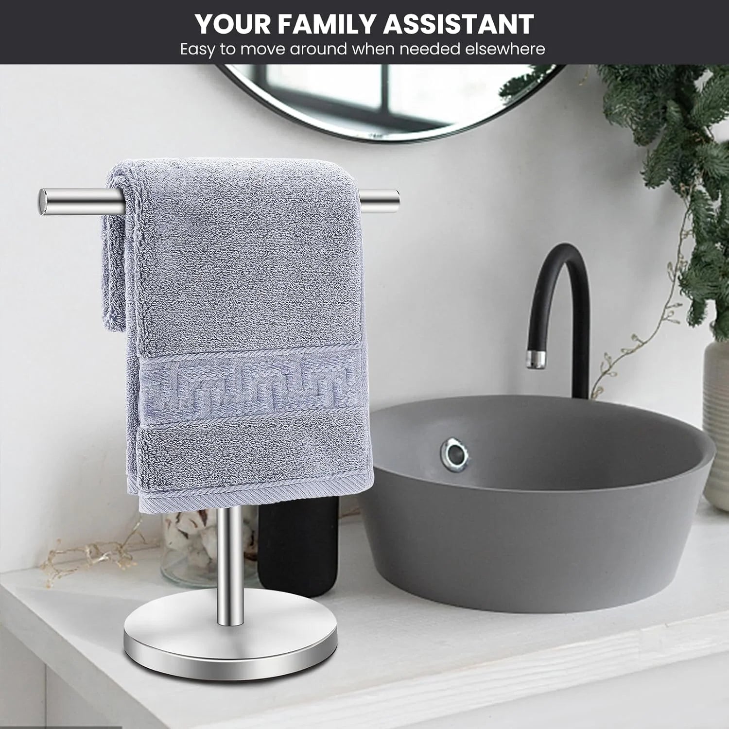 T-Shape Bath Hand Towel Holder Stand Stainless Steel Free Standing Hand Towel Rack with Heavy Base for Bathroom Kitchen &amp; Countertop Silver 2 Pack
