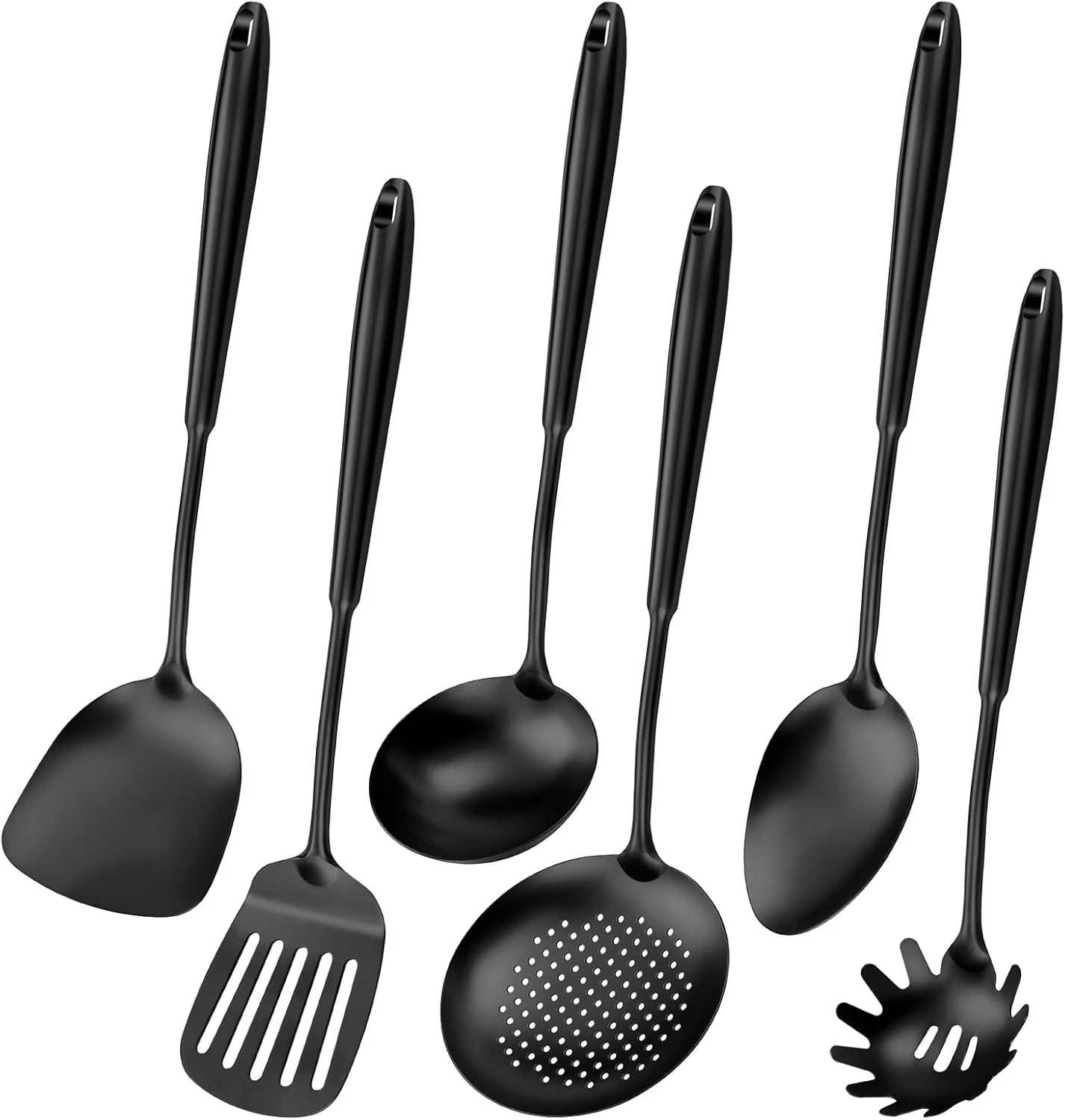 304 Stainless Steel Cooking Utensils,6 Pcs Kitchen Cooking Utensils Set with Spatula Solid Spoon Ladle Skimmer Spaghetti Spoon,Dishwasher Safe(Black)