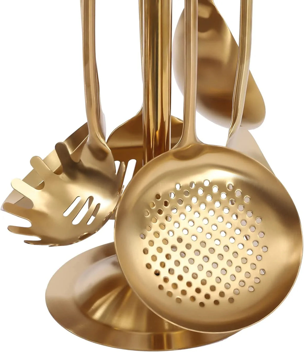 7pcs/ Set Gold Cooking Utensils Healthy Kitchen Tool with Holder Stainless Steel