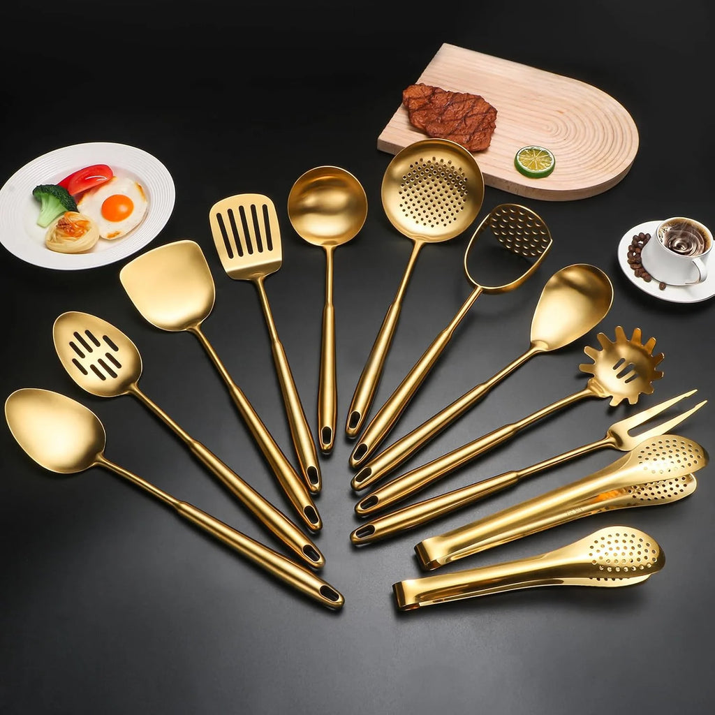 304 Stainlss Steel Kitchen Utensils Set 12 Pcs Long Metal Cooking Utensil Gadgets Tools Set with Spatula Ladle Spoon Ladle Skimmer Tunner Pasta Server Tongs(Silver Dishwasher Safe)