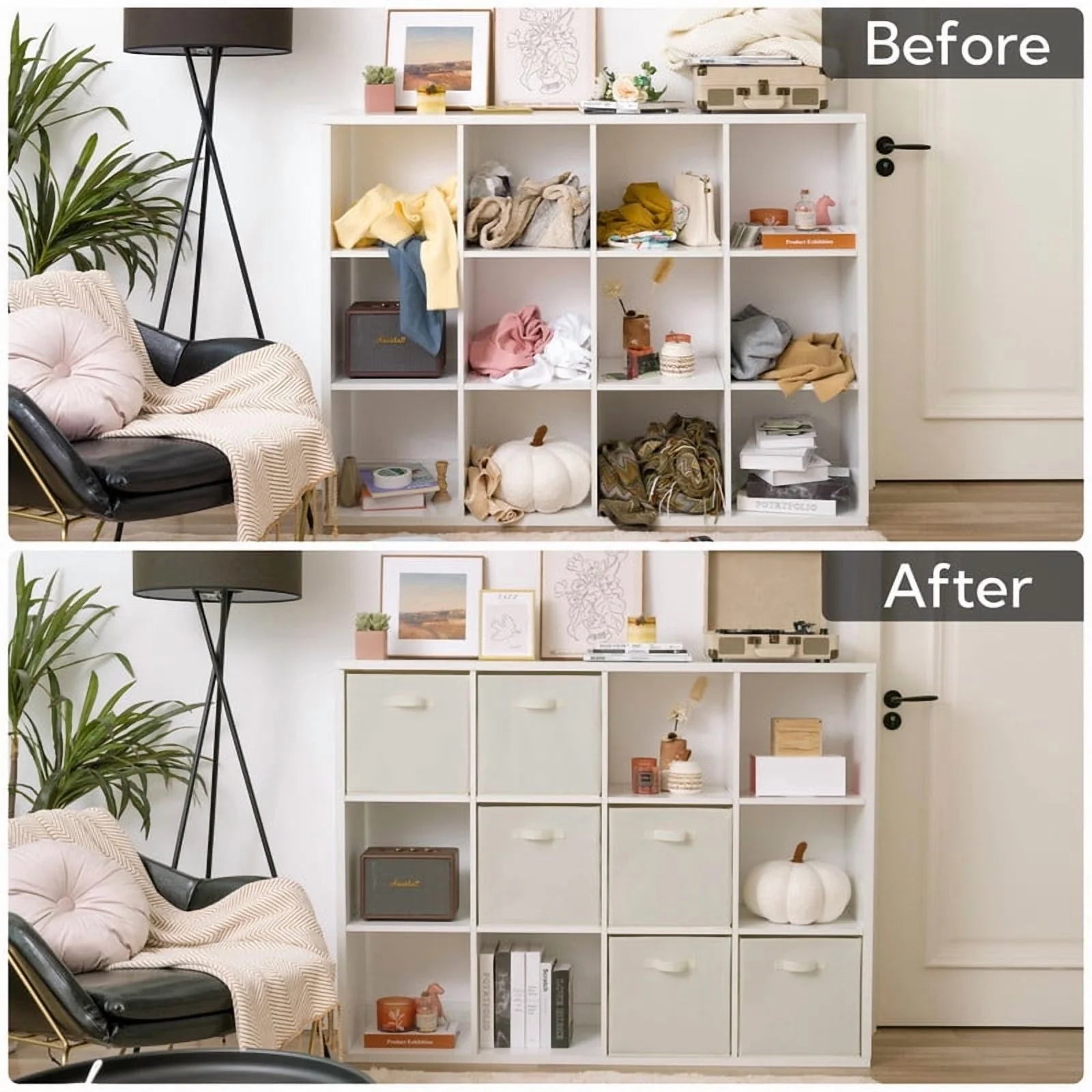 13 Inch Fabric Storage Cubes - Sturdy Collapsible Storage Bins &amp; Handle，Storage Organizer for Organizing Beige Storage Baskets 6-Pack