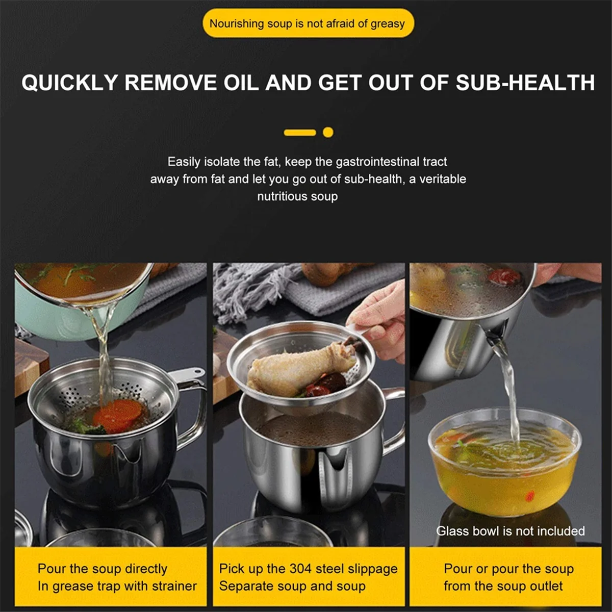 Stainless Steel Fat Separator 1L/4 Cup Gravy Grease with Strainer and Glass Lid Soup Oil Cup