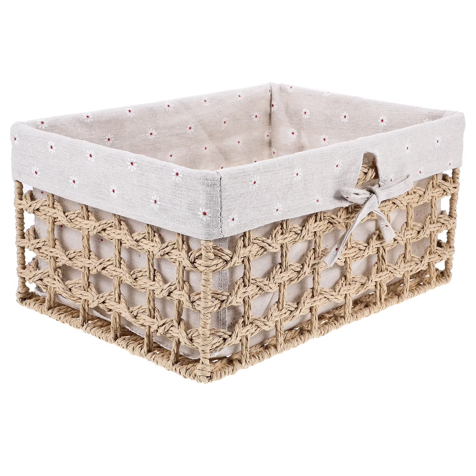 Rustic Storage Bins Grass Basket Cube Boxes with Lids Fabric Toy Sundries
