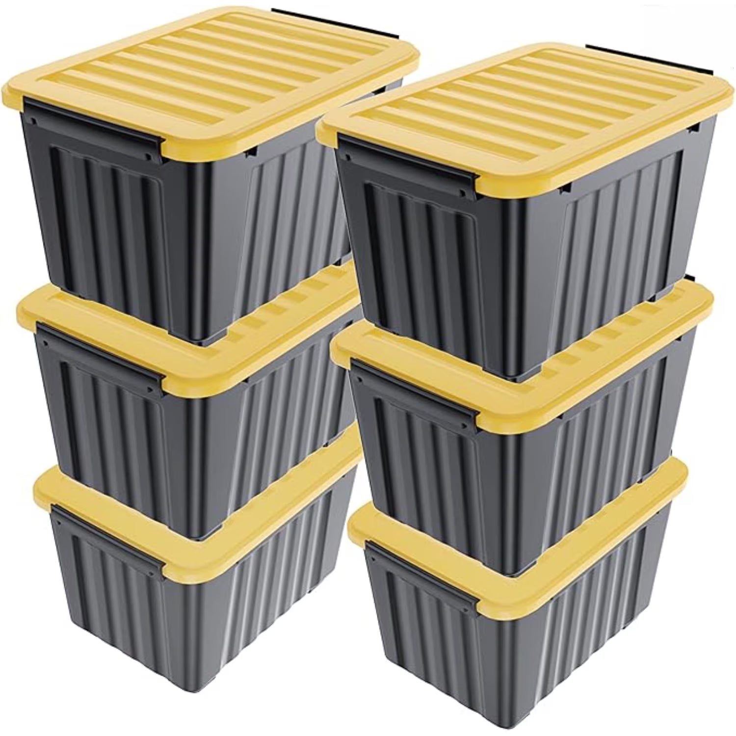 72Quart Plastic Storage Bin Stackable and Nestable Storage Boxes with White Lids and Secure Latching Buckles Large Storage Container (Black/Yellow 72Quart-6Pack)