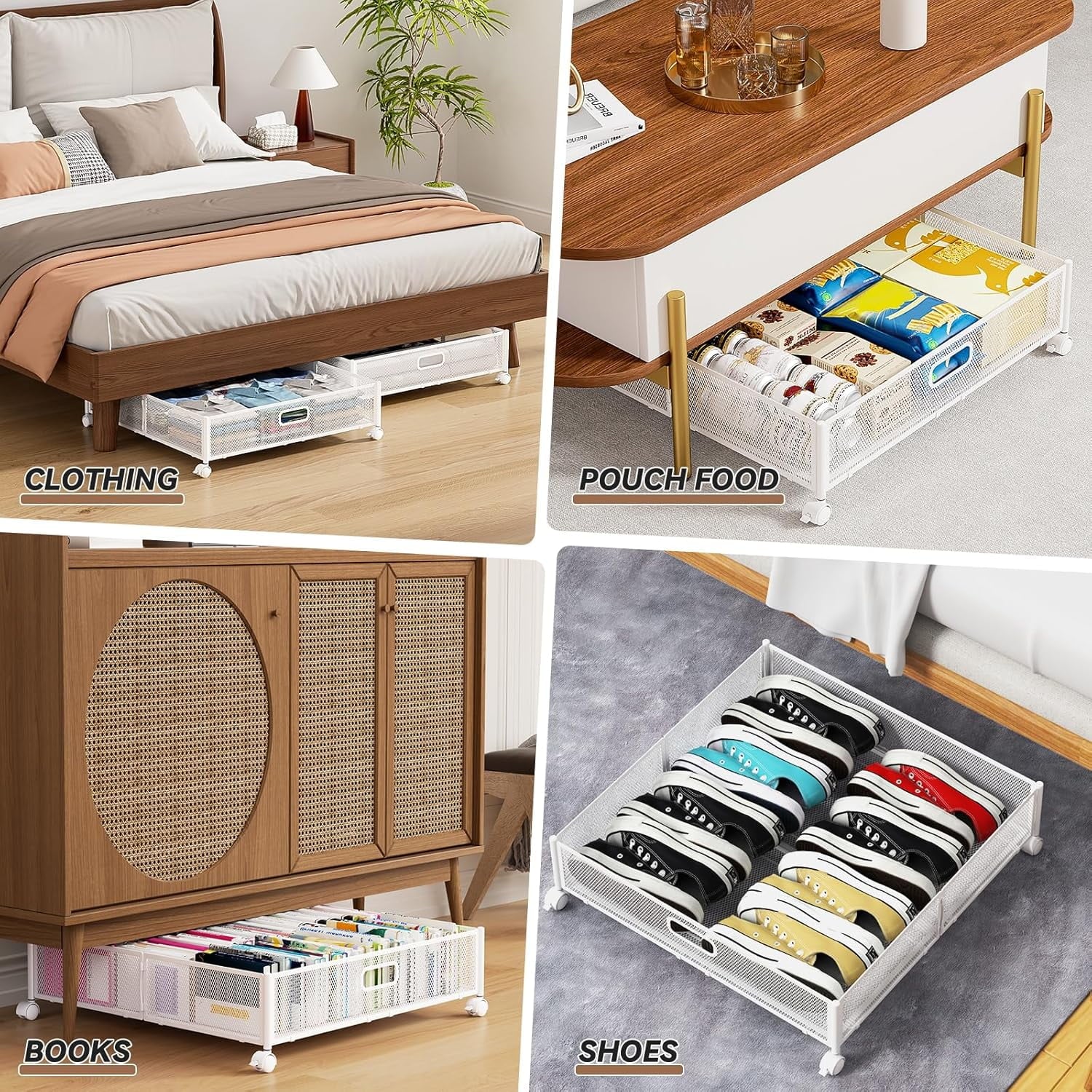 Under Bed Storage Containers with Wheels - Shoe Storage Organizer Drawer Tool-free Assembly Metal Underbed Storage Containers for Bedroom Clothes Shoes Blankets - 2Pack