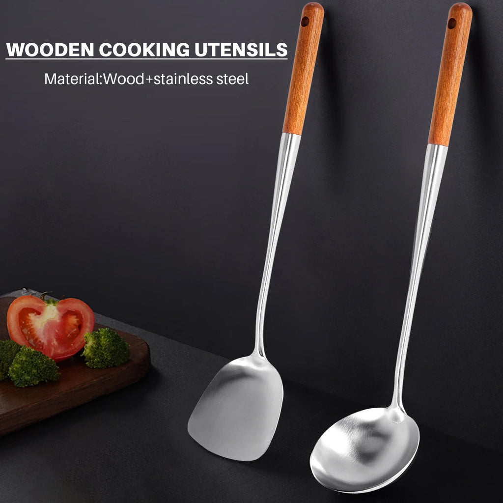 Long Handle Stainless Steel Wok Kitchen Slotted Turner Rice Spoon Ladle Cooking Tools Utensil Set