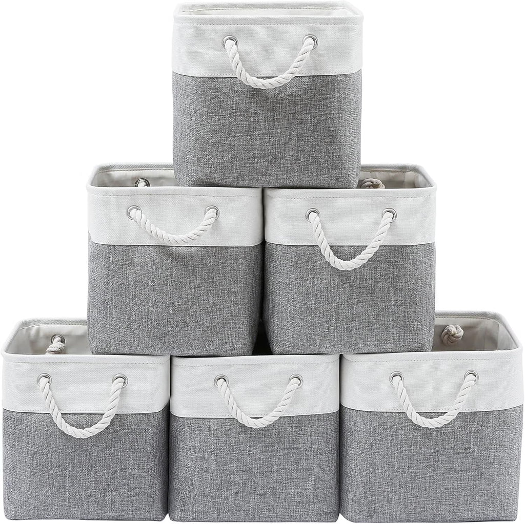13 x 13 Inch Cube Storage Bins 6 Pack Extra Large Collapsible Fabric Storage Bin with Ropes Foldable Storage Cubes for Home (White &amp; Beige-13"x13"x13")