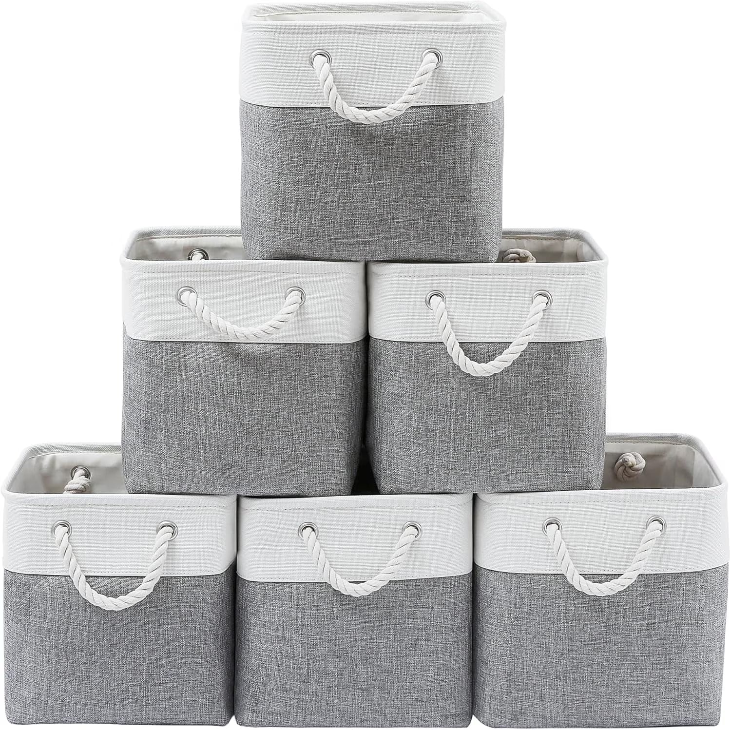 13 x 13 Inch Cube Storage Bins 6 Pack Extra Large Collapsible Fabric Storage Bin with Ropes Foldable Storage Cubes for Home (White &amp; Beige-13"x13"x13")