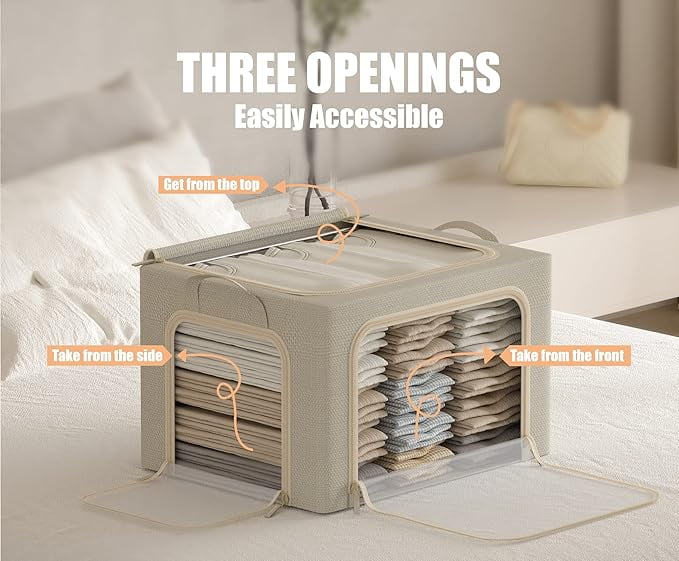3 Openings Clothes Storage Bins with Metal Frame Foldable Storage Bin for Clothes Clothing Storage Bins with Lid Linen Storage Box With Clear Window＆ Zippers＆ Durable Handles.(3 Pcs,Beige,40L)