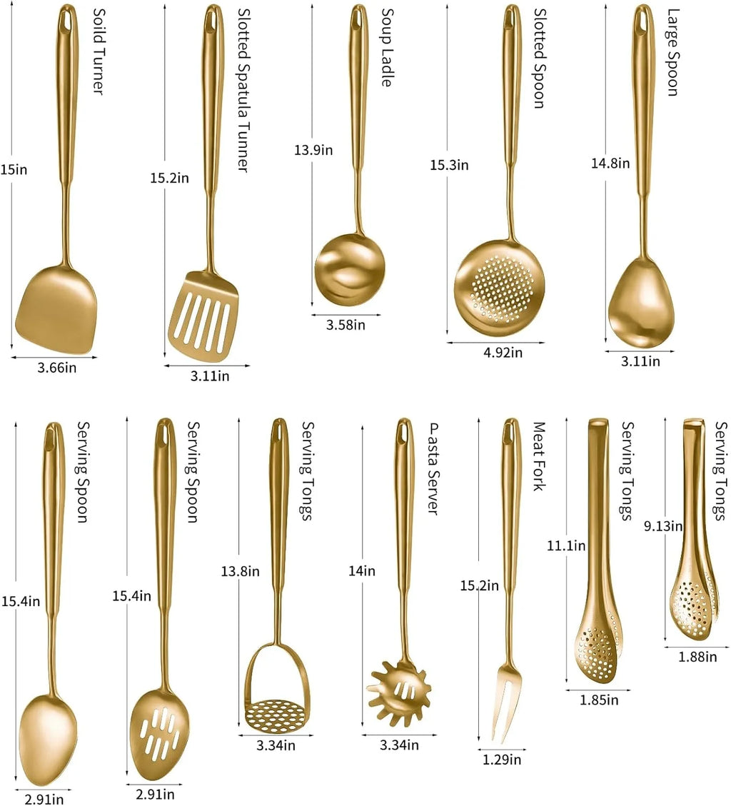 304 Stainlss Steel Kitchen Utensils Set 12 Pcs Long Metal Cooking Utensil Gadgets Tools Set with Spatula Ladle Spoon Ladle Skimmer Tunner Pasta Server Tongs(Silver Dishwasher Safe)