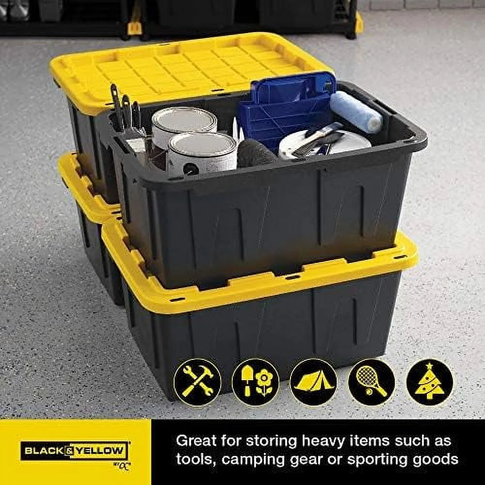BLACK &amp; YELLOW 27-Gallon Heavy Duty Tough Storage Container &amp; Snap-Tight Lid (14.3"H x 20.6"W x 30.6"D) Weather-Resistant Design and Stackable Organization Tote [4 Pack]