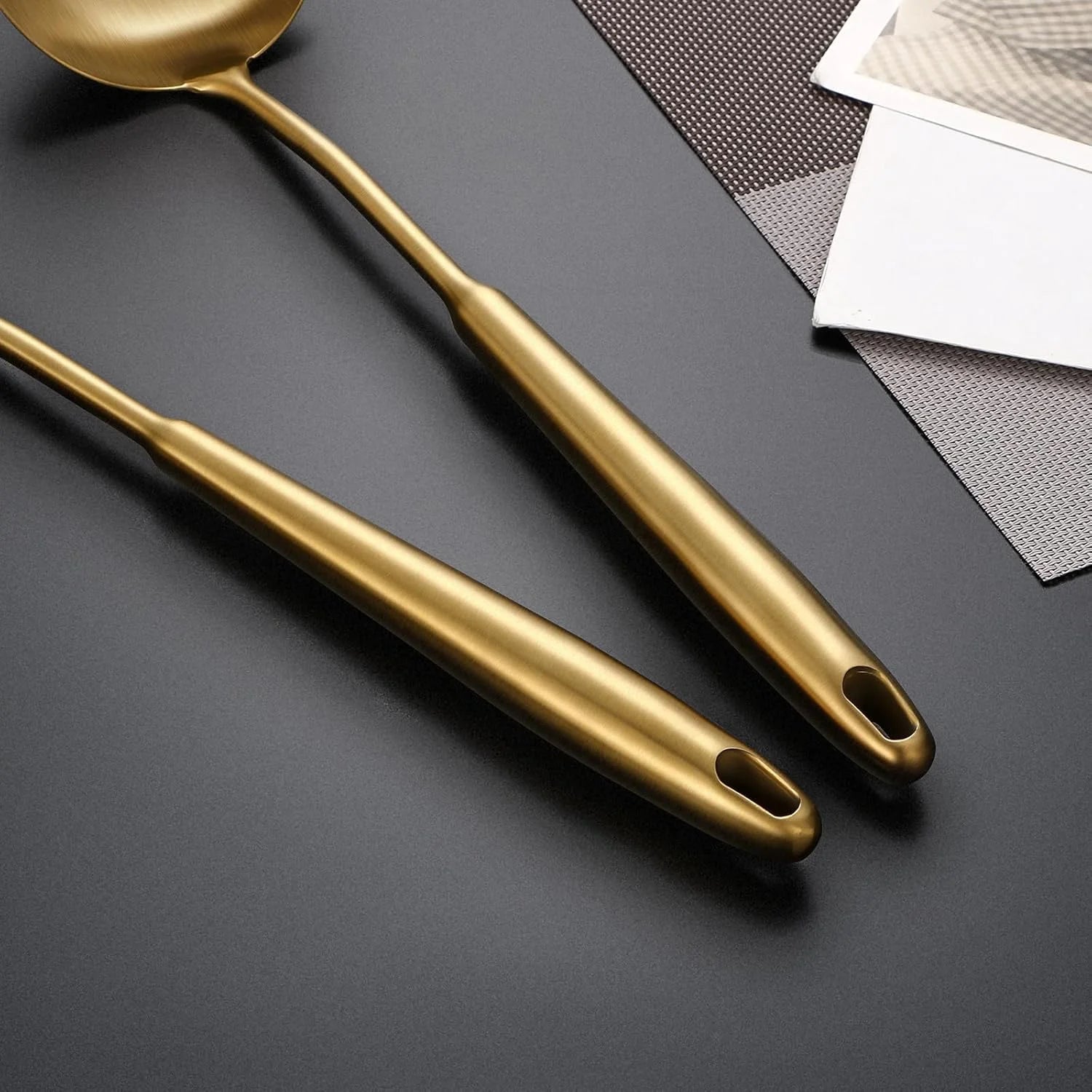 304 Stainless Steel Cooking Utensils,6 Pcs Kitchen Cooking Utensils Set with Spatula Solid Spoon Ladle Skimmer Spaghetti Spoon,Dishwasher Safe(Gold)