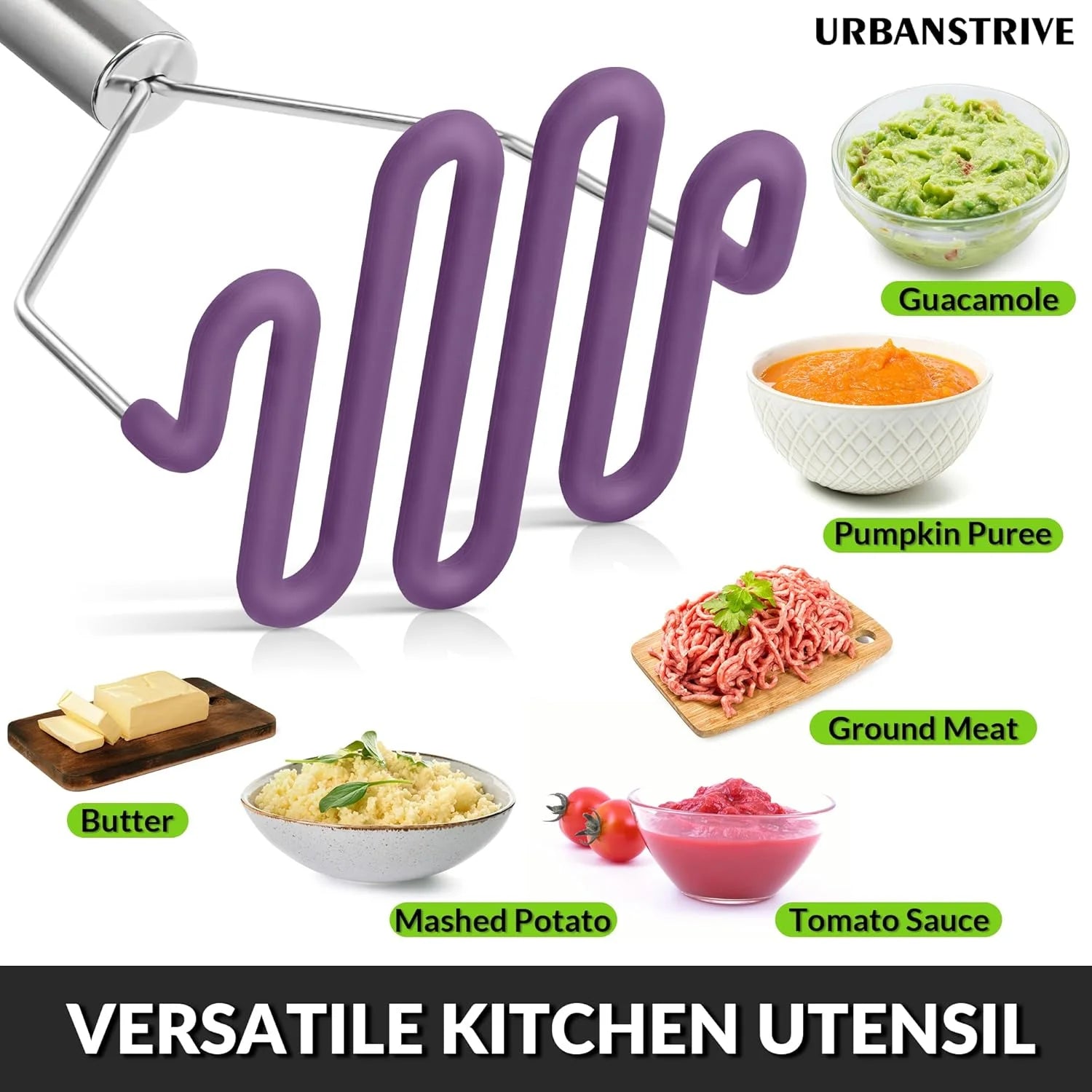 Scratch-resistant silicone potato mash maker kitchen tool stainless steel outer layer wrapped with high-quality silicone.