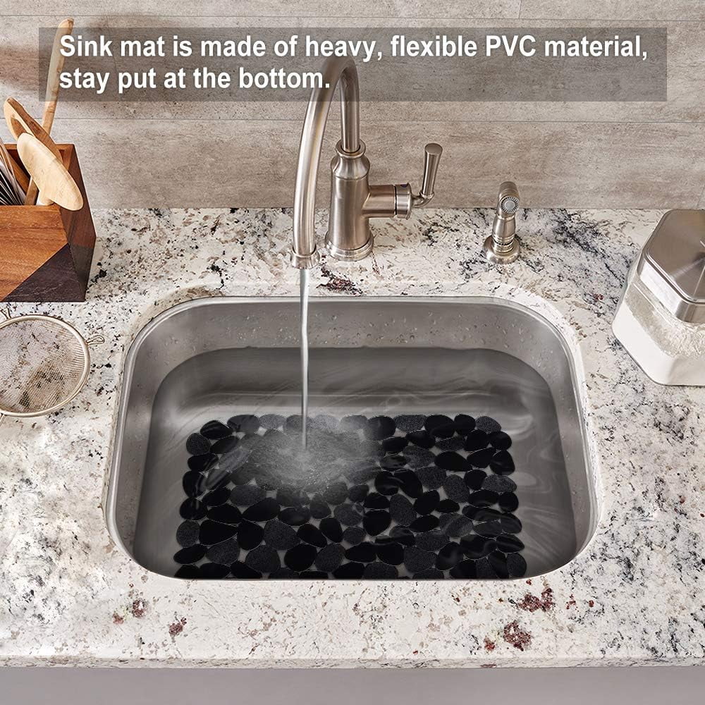 Bligli Pebble Sink Mat 2-Pack - PVC Kitchen Protector for Stainless Steel/Ceramic Dish Drying Mat for Dishes 15.7" x 11.8" Black