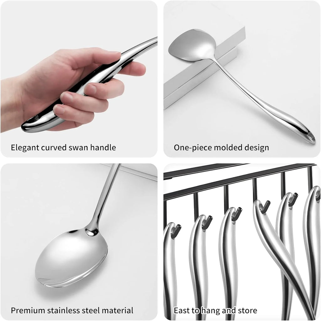 304 Stainless Steel Kitchen Utensils Set 6 Pcs Long Metal Cooking Utensil with Spatula Solid Spoon Ladle Skimmer Spaghetti Spoon Meat Fork Dishwasher Safe