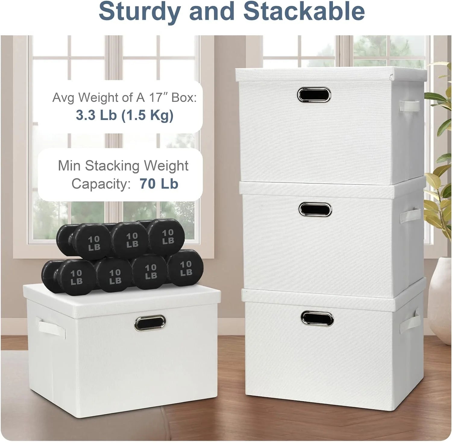 Large 17" 36 Quart Collapsible Stackable Storage Bins with Lids 3 Packs White Linen Fabric Closet Boxes with Lids Storage Cube Baskets Container Organizers for Bedroom Office(17 x12 x11)
