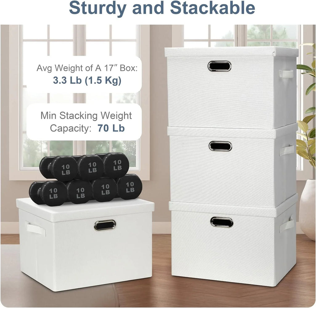 Large 17" 36 Quart Collapsible Stackable Storage Bins with Lids 3 Packs White Linen Fabric Closet Boxes with Lids Storage Cube Baskets Container Organizers for Bedroom Office(17 x12 x11)