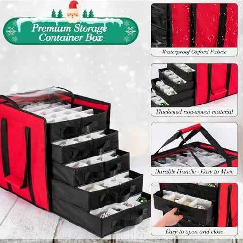 Christmas Ornament Storage Containers -Holds Up to 100 Holiday Ornaments with 5 Removable Trays Large Storage Box with Clear Covered Top &amp; Sturdy Handles