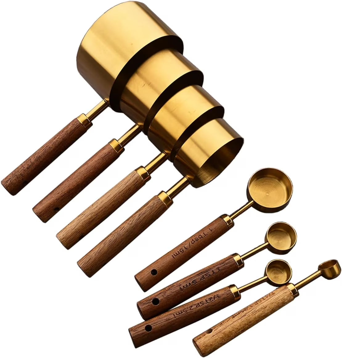 8 pieces Golden Measuring Cups Set and Measuring Spoons Set with Scale Wooden Handle Stainless Steel Dry &amp; Liquid Measuring Cup for Cooking Baking