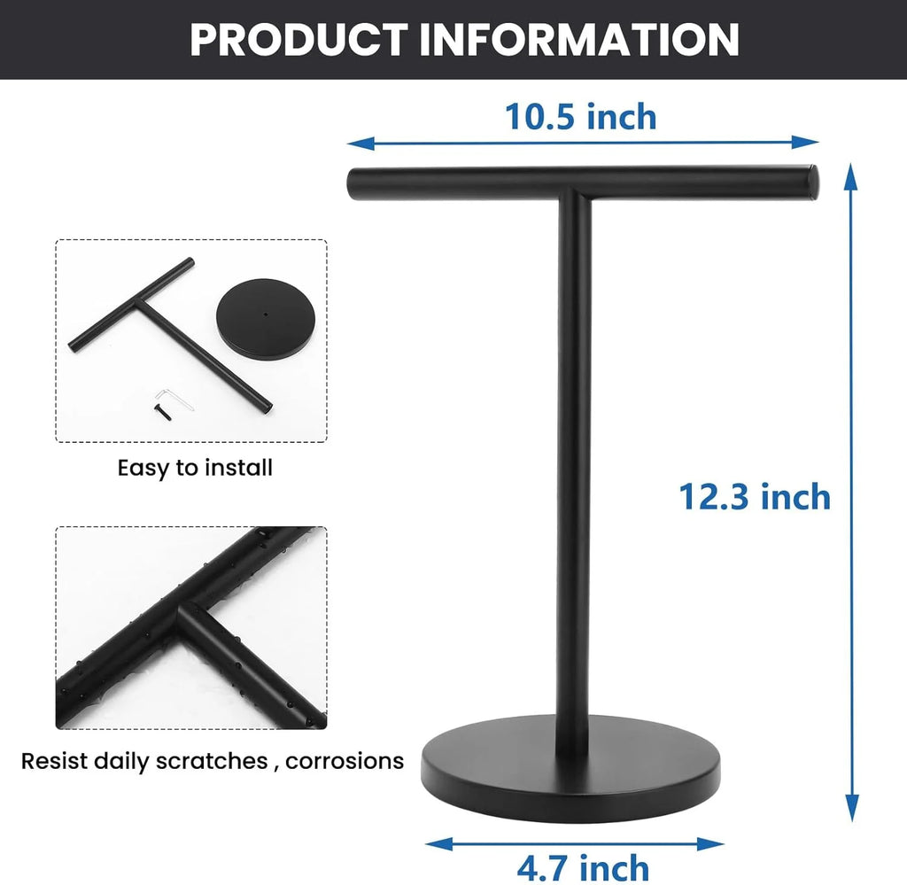 T-Shape Bath Hand Towel Holder Stand Stainless Steel Free Standing Hand Towel Rack with Heavy Base for Bathroom Kitchen &amp; Countertop Matte Black