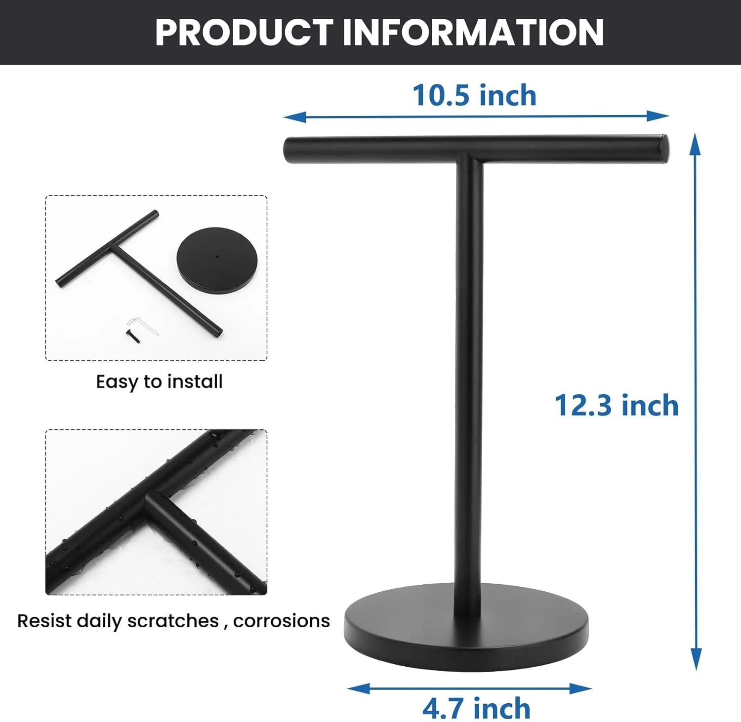 T-Shape Bath Hand Towel Holder Stand Stainless Steel Free Standing Hand Towel Rack with Heavy Base for Bathroom Kitchen &amp; Countertop Matte Black