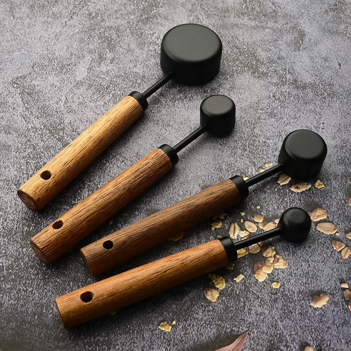 8 pieces Black Measuring Cups Set and Measuring Spoons Set with Scale Wooden Handle Stainless Steel Dry &amp; Liquid Measuring Cup for Cooking Baking