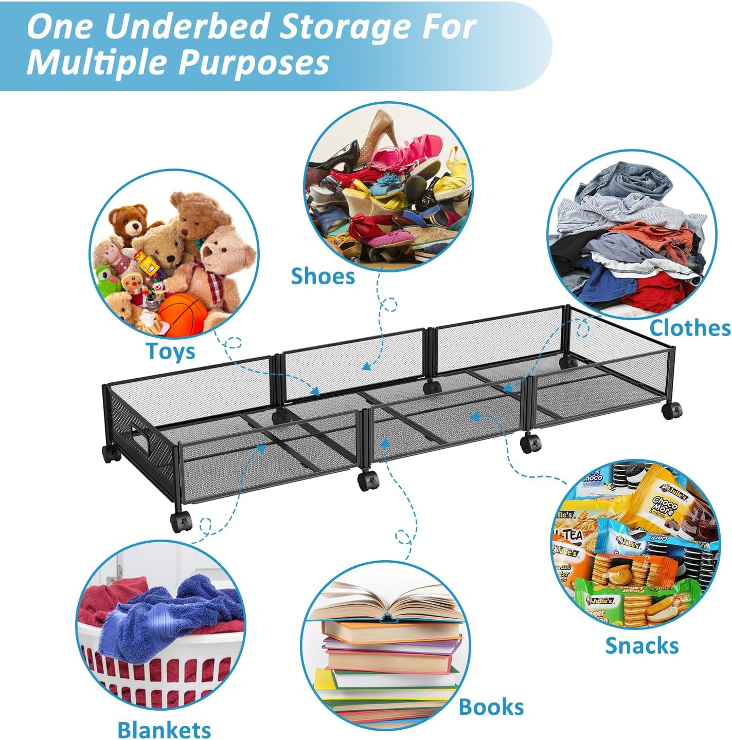 47.2'' Long Under Bed Storage on Wheels 57.6L Large Capacity Rolling Under the Bed Storage Containers Tool-Free Assembly Foldable Underbed Shoes Clothes Toy Drawers