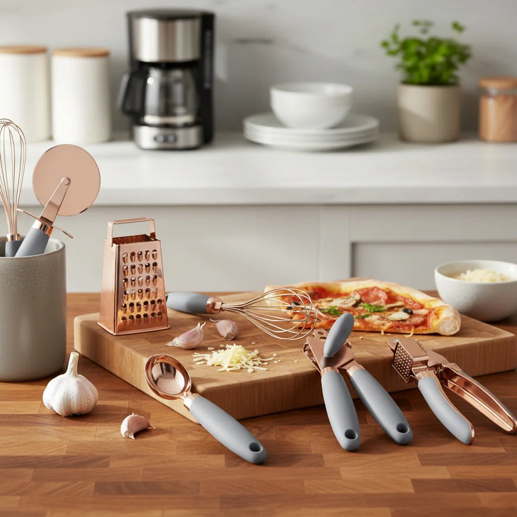 7-Piece Kitchen Gadget Set Copper Coated Stainless Steel Tableware with Soft Touch Handle