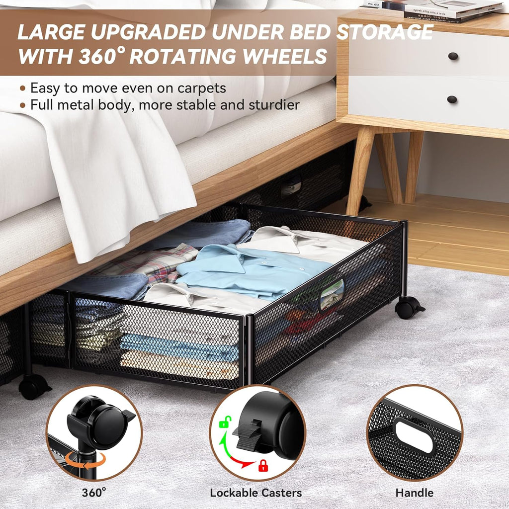 Under Bed Storage Containers with Wheels - Shoe Storage Organizer Drawer Tool-free Assembly Metal Underbed Storage for Bedroom Clothes Shoes Blankets - 2Pack