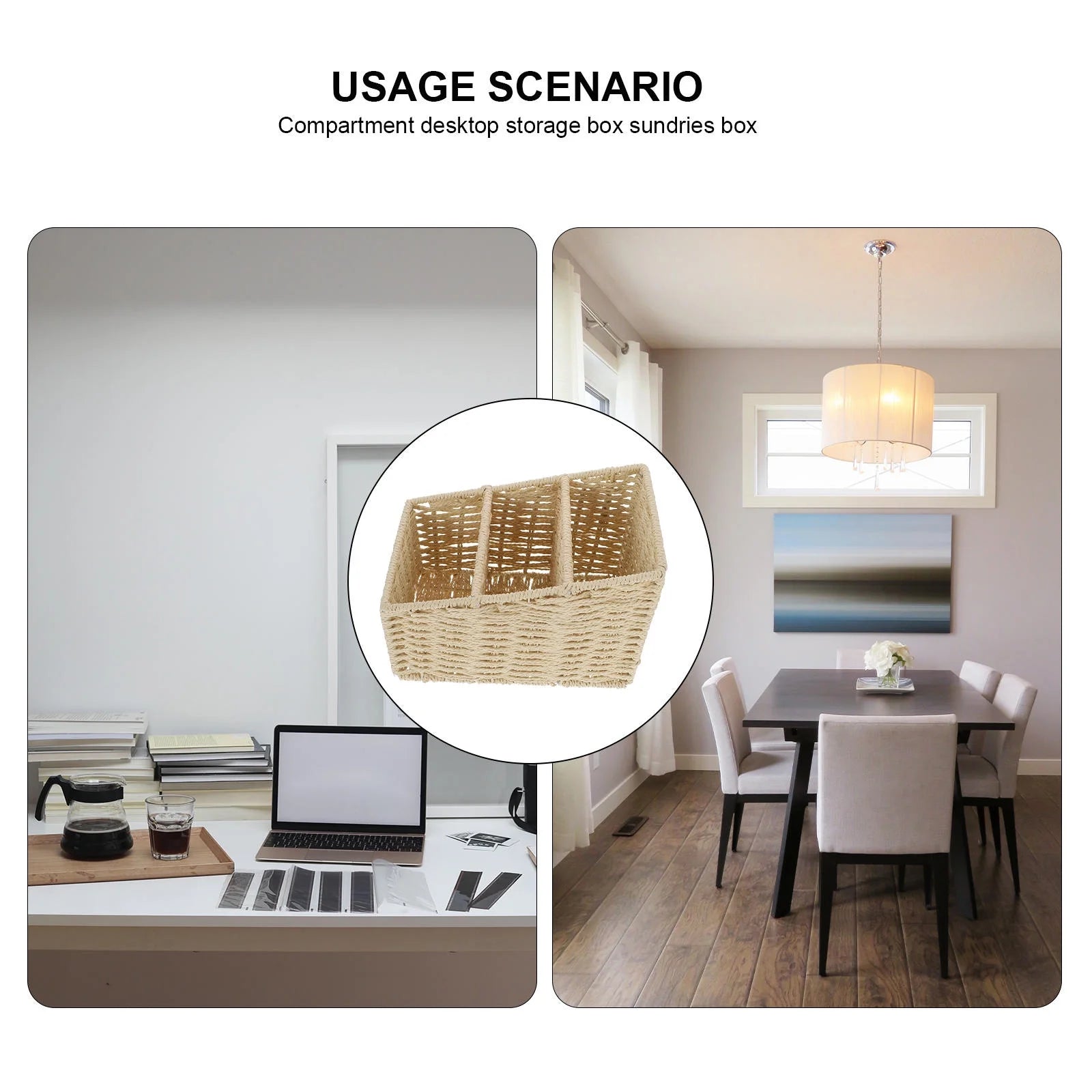 2pcs Woven 3 Compartments Woven Storage Box Bin Makeup Container Cube Organizer Divider for Home Bathroom Bedroom Closet Table Remote Beige