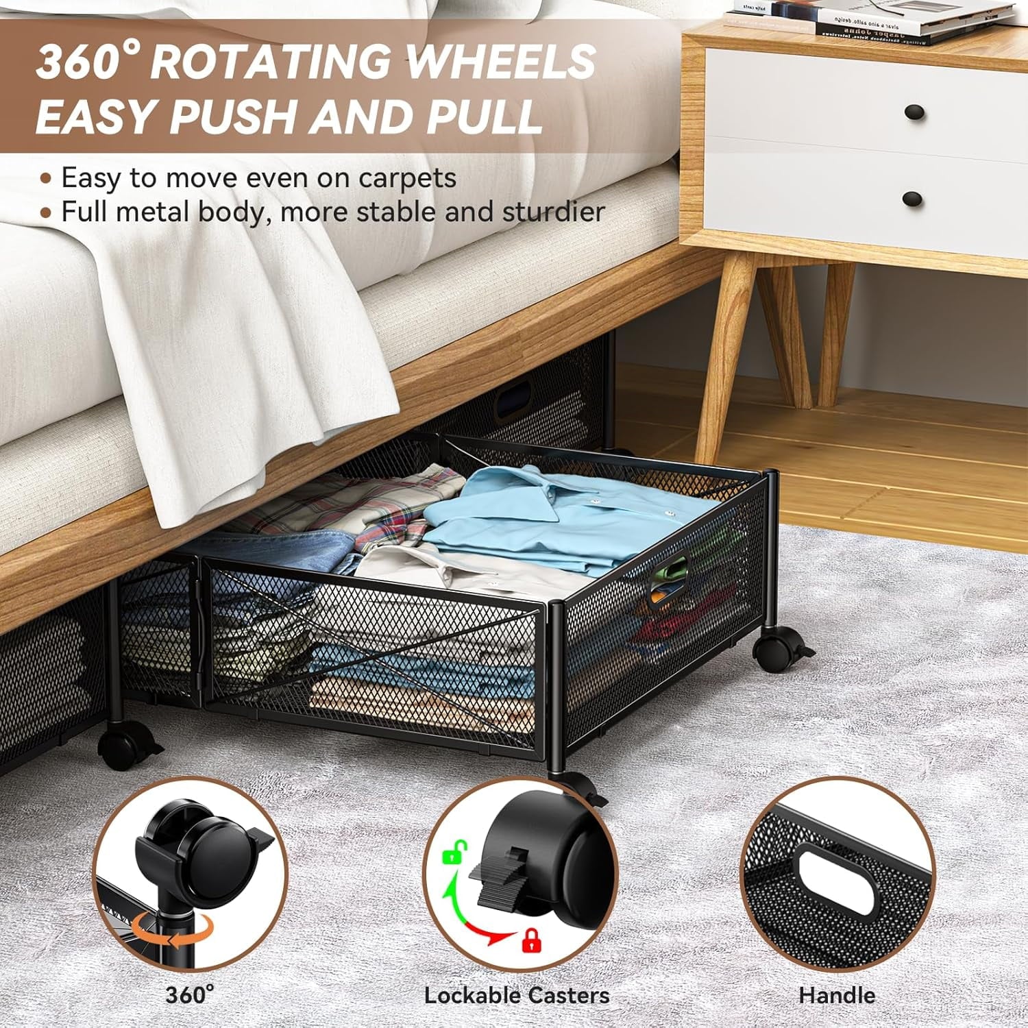 Under Bed Storage Containers with Wheels - Shoe Storage Organizer Drawer Tool-free Assembly Metal Underbed Storage for Bedroom Clothes Shoes Blankets - 2Pack