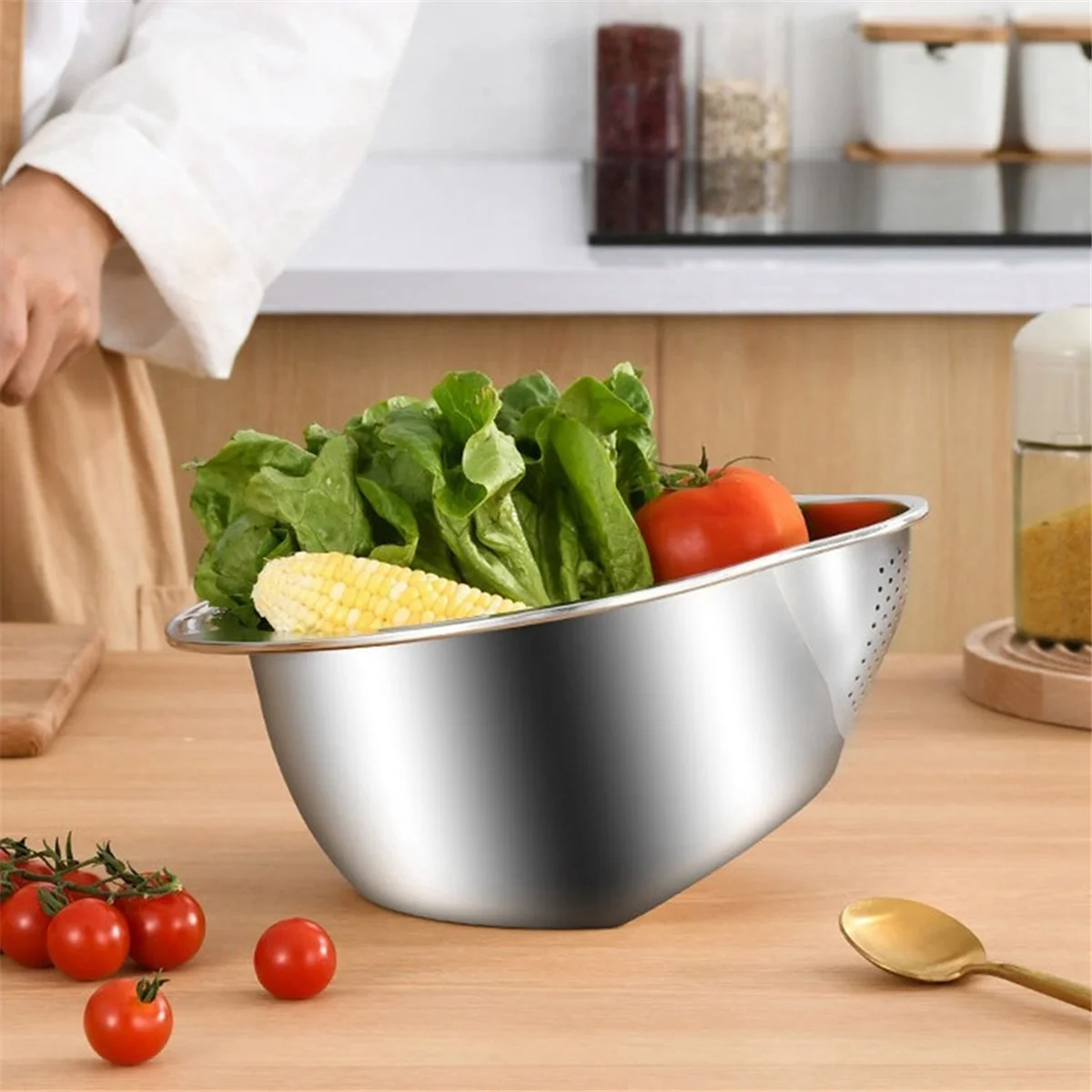Rice Washer Strainer Bowl Stainless Steel Washing Colander Fruit and Vegetable Kitchen Tool A