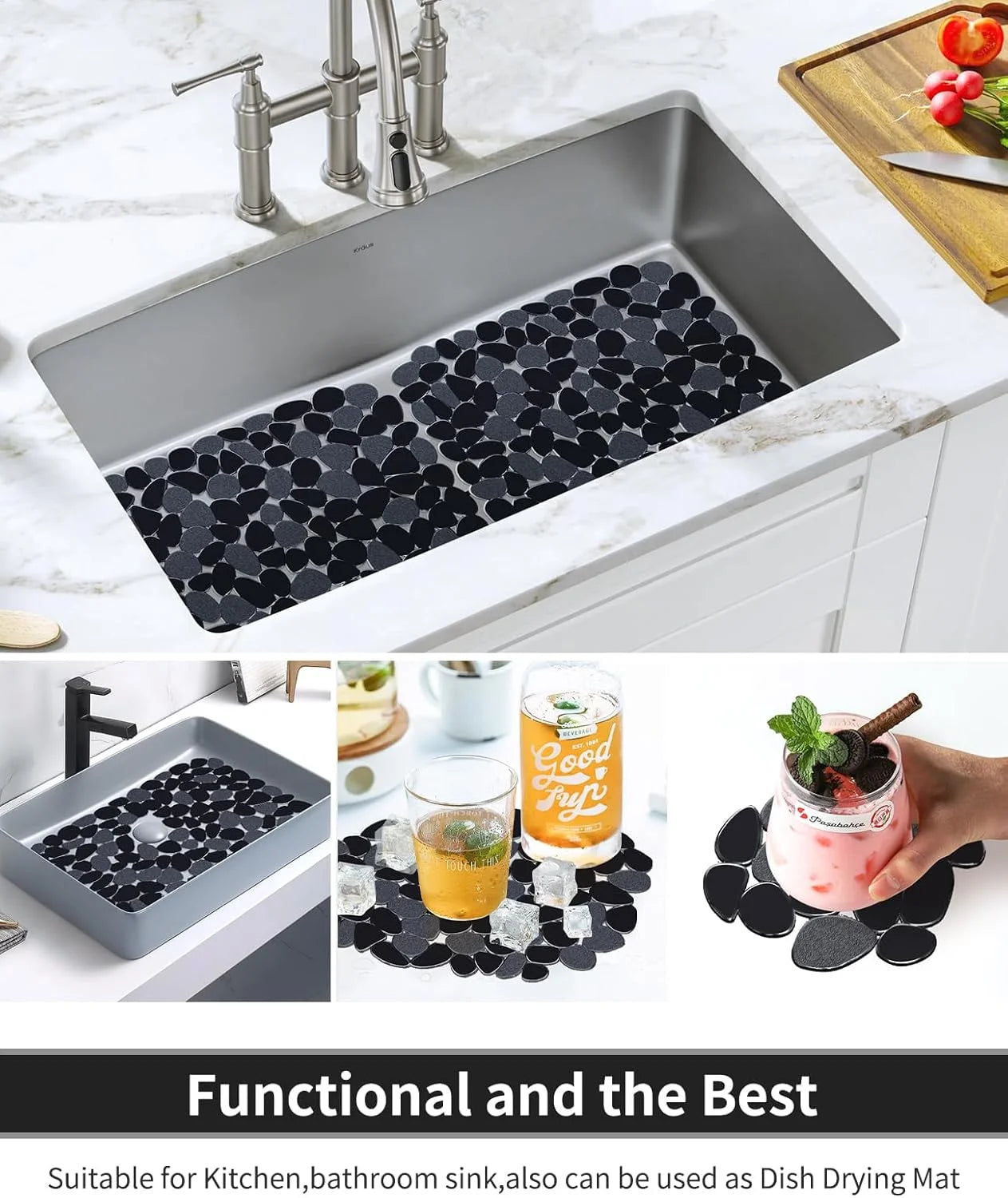 Bligli Pebble Sink Mat 2-Pack - PVC Kitchen Protector for Stainless Steel/Ceramic Dish Drying Mat for Dishes 15.7" x 11.8" Black