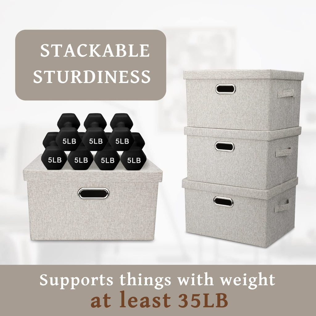 Medium 15" 21 Quart Collapsible Stackable Storage Bins with Lids 5 Packs Beige Foldable Fabric Closet Boxes Heavy-duty Lidded Linen Cube Baskets Container Organizers and Storage