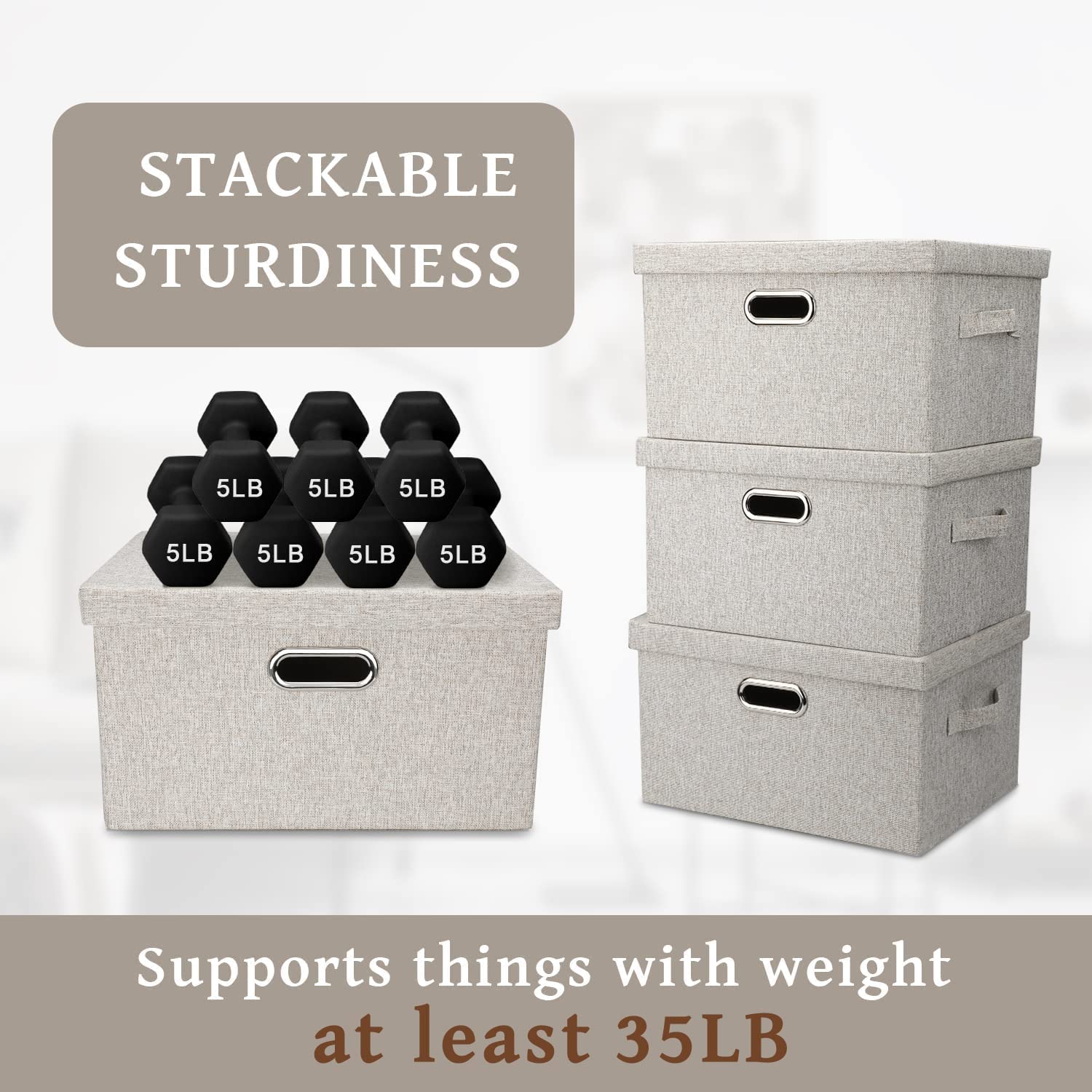 Medium 15" 21 Quart Collapsible Stackable Storage Bins with Lids 5 Packs Beige Foldable Fabric Closet Boxes Heavy-duty Lidded Linen Cube Baskets Container Organizers and Storage